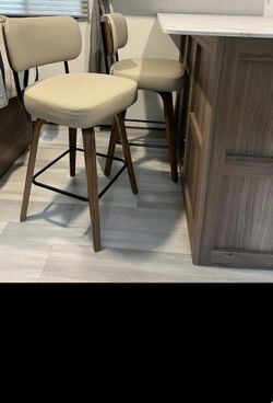 Swivel Bar Stools Set of 4, 30" Upholstered Bar Height Stools with Back and Walnut Wood Legs, Faux Leather Barstools for Kitchen Counter, Beige
