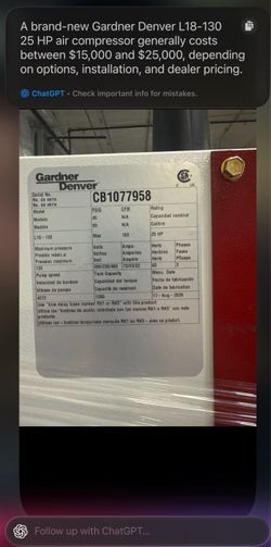 Gardner Denver L18-130 25 HP Electric Reciprocating Air Compressor 120G 130 PSI