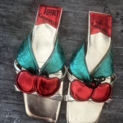 Jeffrey Campbell Cereza Metallic Gold Red Sandal 3d Cherry flats open toe shoes 