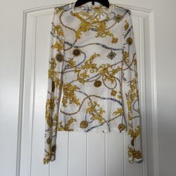 Gold Baroque Chain Print Sheer Mesh Long Sleeve Top – Size Small – Worn Once