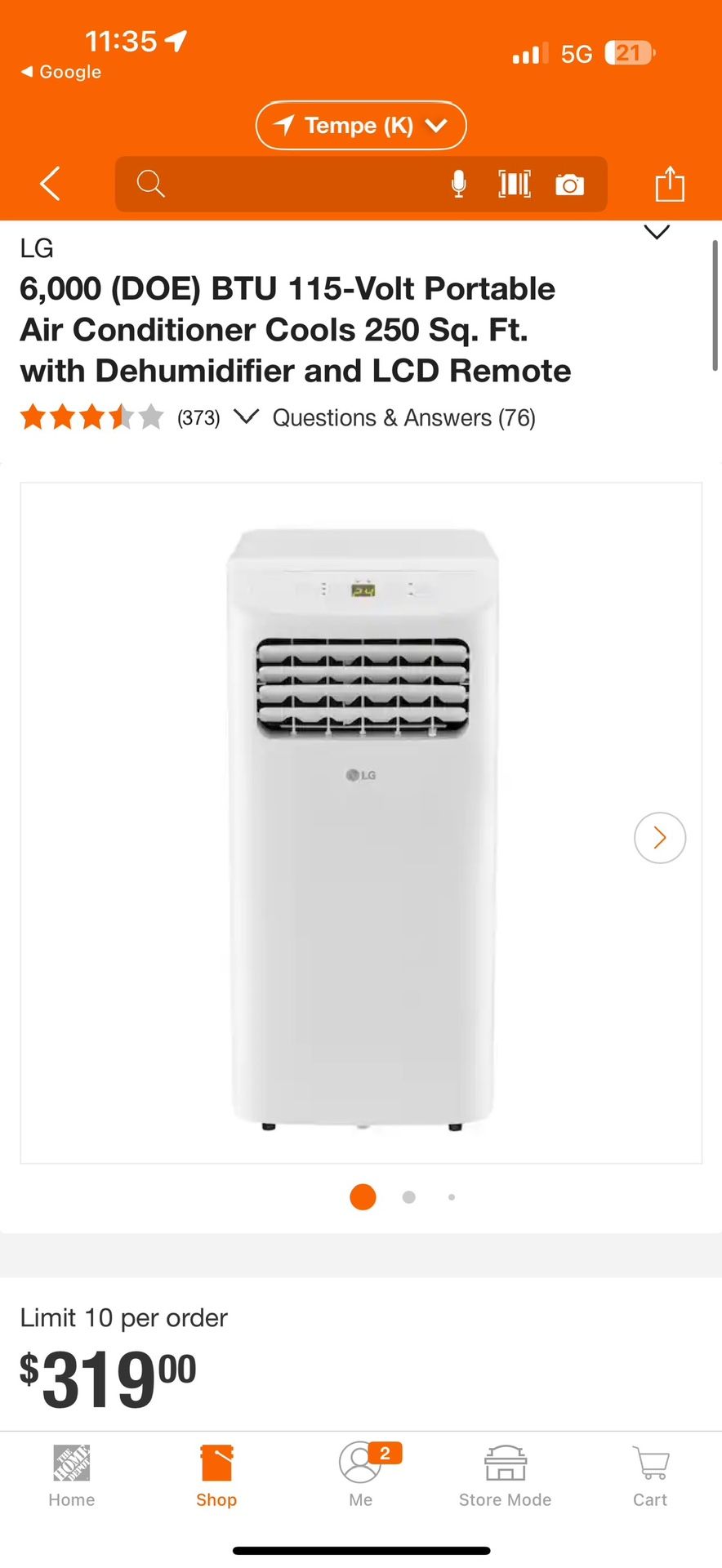 LG 6,000 (DOE) BTU 115-Volt Portable Air Conditioner Cools 250 Sq. Ft. with Dehumidifier and LCD new $170