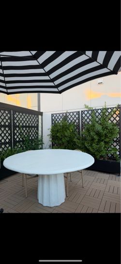 CB2 Boscoe 60" Round Concrete Indoor/Outdoor Dining Table + 4 Arly Rattan Chairs — Alexandria