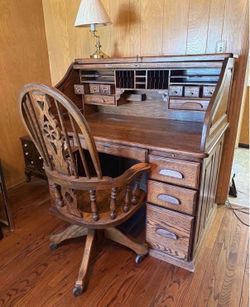 SOLID OAK ROLL TOP DESK WITH WOOD CHAIR