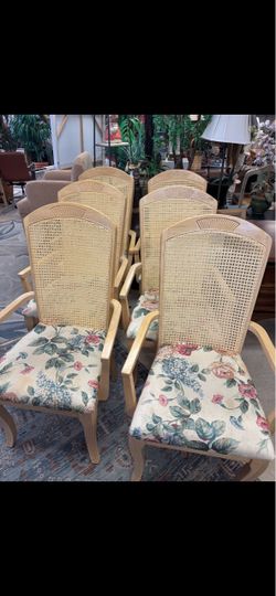 Set of 6 Cane Back Dining Chairs with Floral Seats