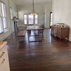 Rustic Elegance: Handcrafted Dining Table from Reclaimed Rail Ties – Includes Bench & Two Chairs! 