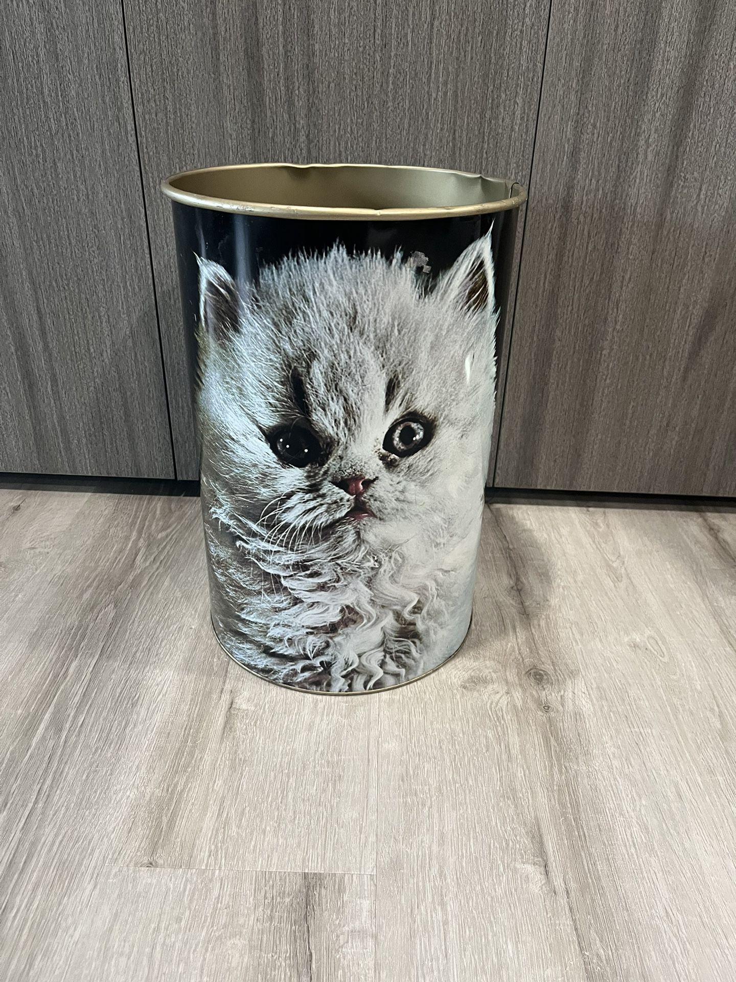 Vintage Tin Trash Can, Double Sided Cat Print