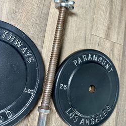 Los Angeles Paramount / Hollywood Standard Plates (plus 10s and 5s)  & 6 ft Standard Gently Used Bar [Total: 100 lbs].