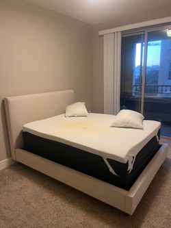Full size bed frame, mattress, and topper