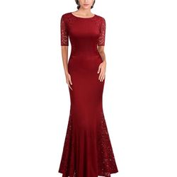 FORTRIC Women Short Sleeve Lace Wedding Party Bridesmaid Maxi Dress Burgundy