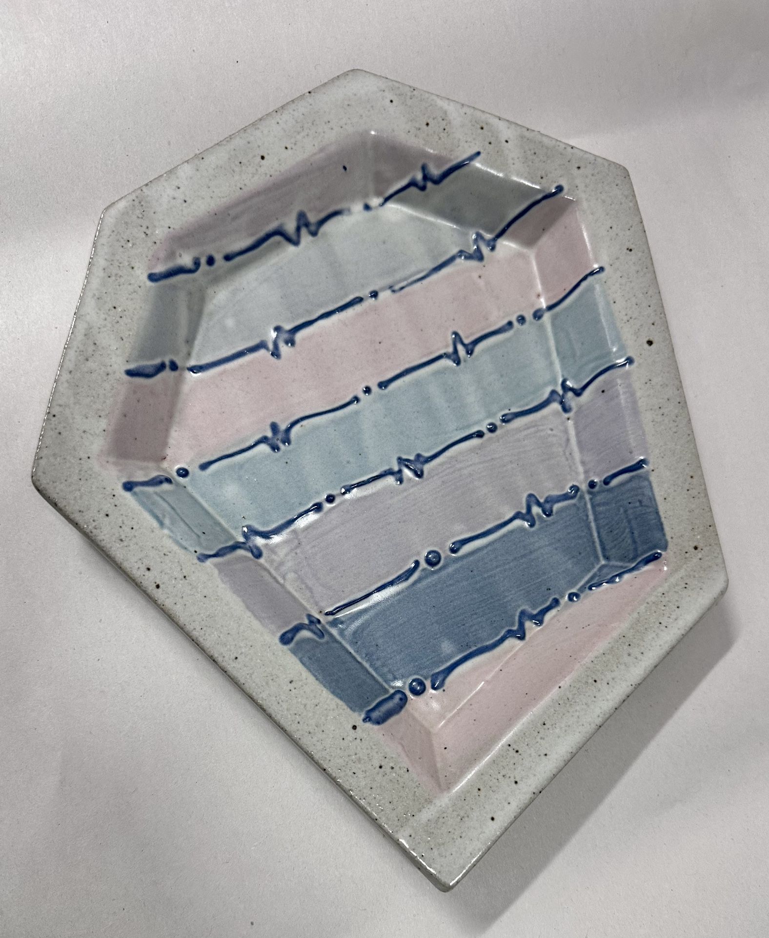 Vintage Stamped Cunningham Pottery Plate Geometric MINT 80’s Textured Pastel