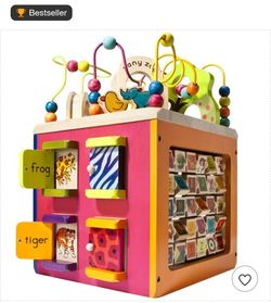 🏆Best Seller! ZANY ZOO 🐒🦒Wooden Educational Activity Cube with Animals, Spinners, Bead Rollercoaster, Functional Doors
