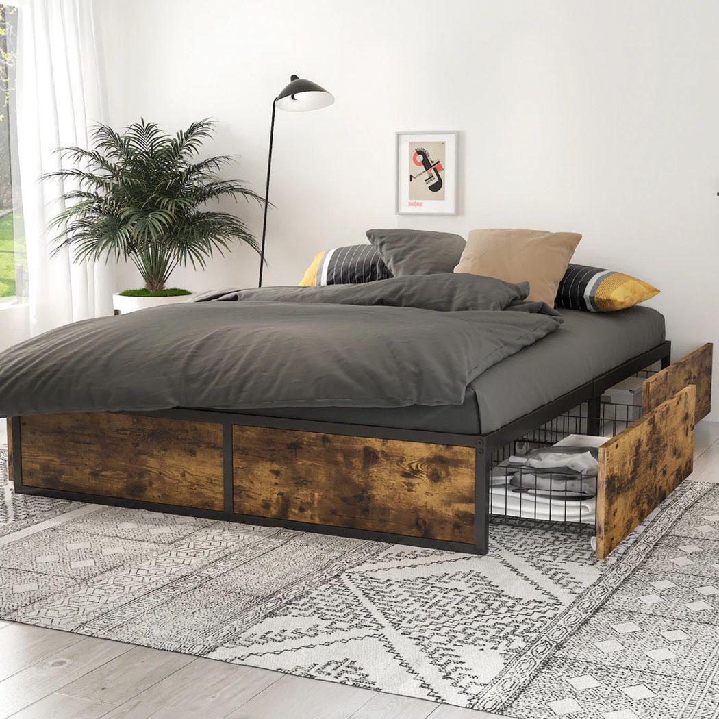 Industrial Metal Queen  Bed Frame with 4 Sliding XL Storage Drawers, Platform Bed with Large Storage Space