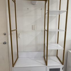 White & gold wardrobe organizer with drawers, shelves & cabinet