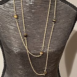 Vintage Tiger Eye 7 Station 31” Gold Rope Necklace