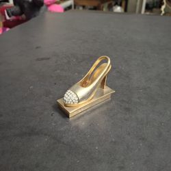 Rhinestone Jeweled Gold Plated Miniature Slingback Stiletto Heel Vintage Pill Box Hinged Magnetic Catch 2.25"L X 1.75"H