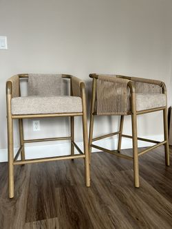 Two Wood & Rope-Woven Counter Stools