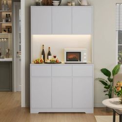 71'' Tall Kitchen Pantry Storage Cabinet with Power Outlets and Led Lights, Large Kitchen Hutch Buffet Cabinet with Microwave Stand, Pantry