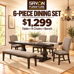 6-Piece Dining Set - Table + 4 Chairs + Bench