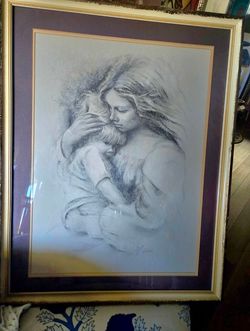 Vintage print of hand drawing "Mother's Love "by artist Marilynn Zapp 22"×28"