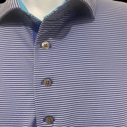 Greyson Wolf Mens Polo Shirt Golf Blue/Gray Pinstripe L