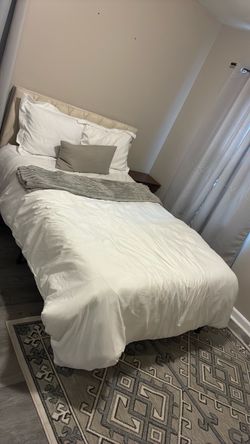 Full size Beige Upholstered Bed Frame and mattress
