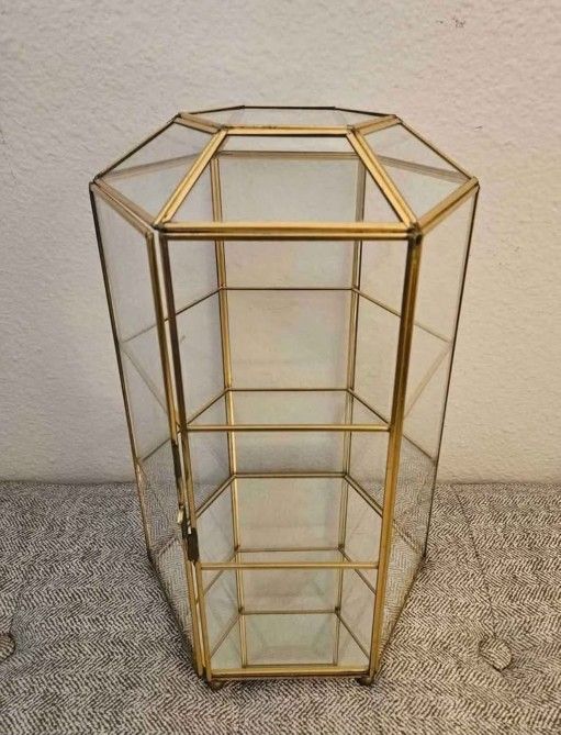 Vintage Brass and Glass Hexagon Small Curio Cabinet for Miniatures 11. 75 "