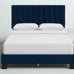 Queen Upholstered Platform Bed Frame w/ Navy Blue Velvet Channel Tufting