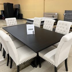 SALE SALE SALE!!! Modern Tufted Beige 9 Piece Dining Table Set with Nailheads Open Box