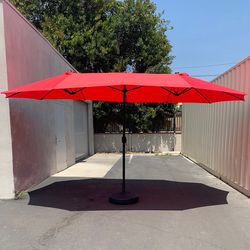 (NEW) $130 Large Double Sided Outdoor (15ft Umbrella and 65lbs Plastic Base set) Colors Red/Gray