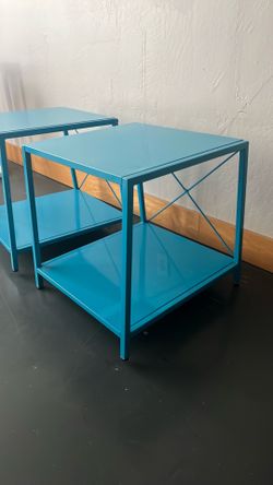 Blue Green Enamel CB2 Modern Metal Side Table Nightstand - Two available