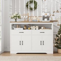 🔥 47" Modern Farmhouse Sideboard Buffet Cabinet, Wood Buffet Storage Cabinet with Drawers & Shelves, Large Coffee Bar with Storage, Microwave Stand f