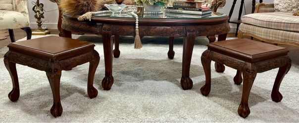 Vintage Carved Tea Table with Two Nesting Stools and Glass Top