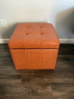 Cognac genuine Leather Tufted Storage Ottoman