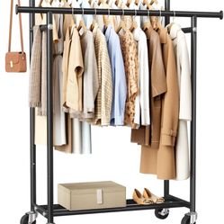 Clothes Rack, Double Rods Rolling Clothing Rack for Hanging Clothes, Portable Garment Rack with Wheels, Coat Rack Wardrobe Closet Load 240 LBS for Bed