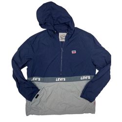 Levi's Vintage Blue and Gray Windbreaker with Hood and Zipper size L