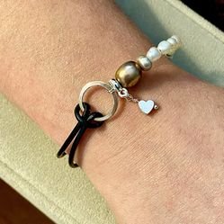 Freshwater Pearl & Black Leather Strand Bracelet by Rock n Roll Hearts 8”