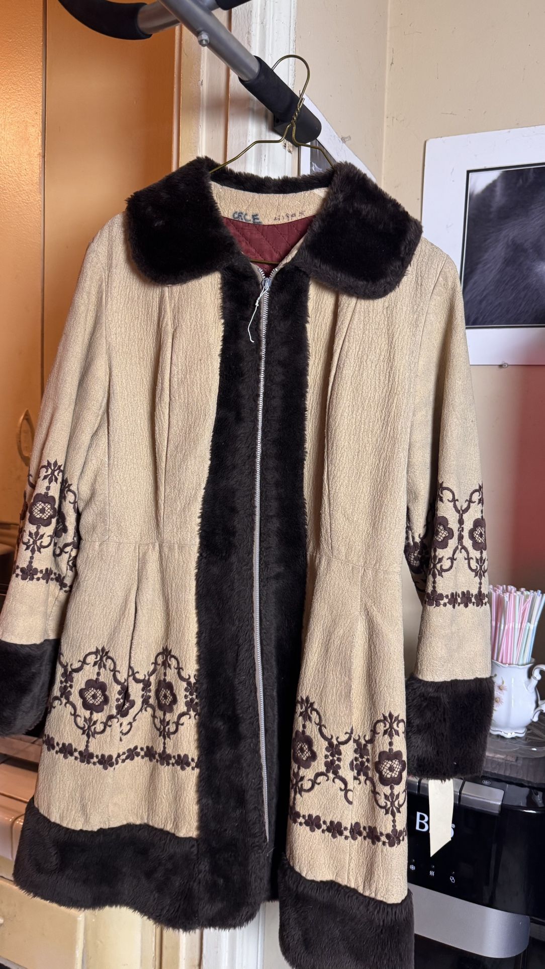 Embroidered Faux Fur Trim Wool Coat with Floral Accents