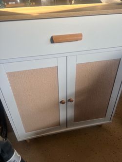 Hidden cat litter box White Cabinet with Woven cat scratcher door panels with wood knobs