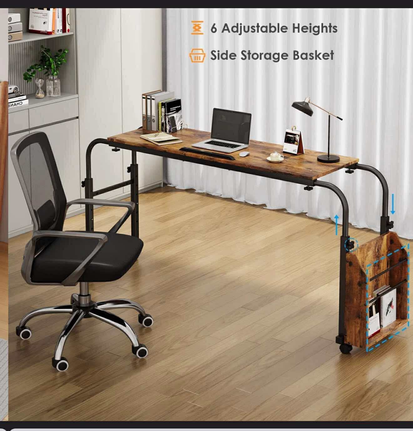 Desk With Wheels, Adjustable Base Computer Desk with Wheels, Side Storage Basket L-46