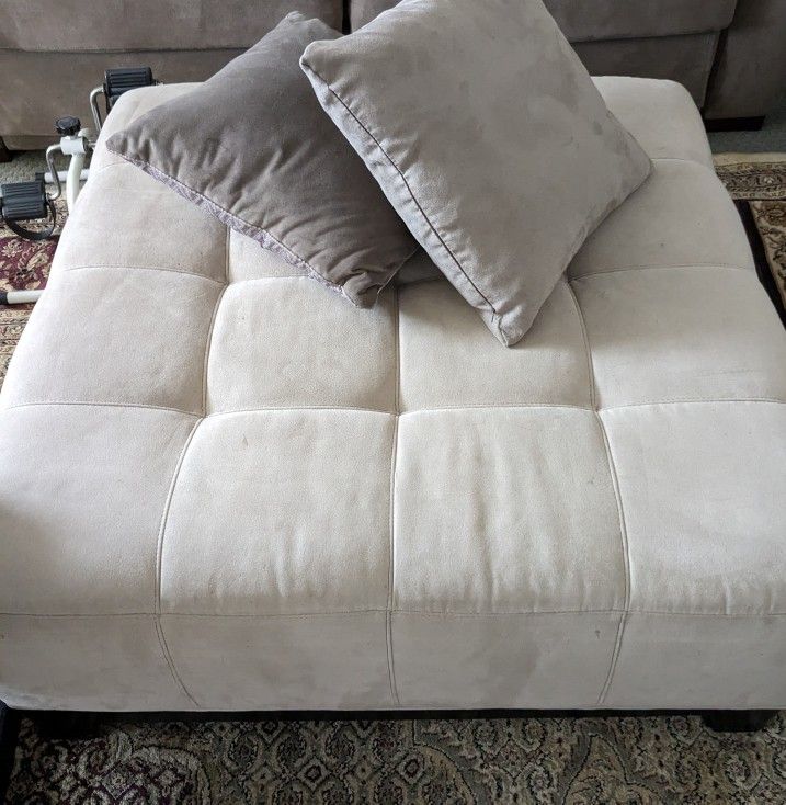 Large, Beige , Plush Fabric, Square Ottoman