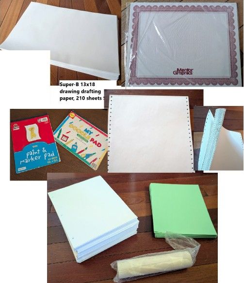 ($1-$5 each) dot matrix continuous feed printer paper, super-b large drafting/drawing, vellum, cardstock, A4 letter, doodle sketch, kraft,Hole Punched