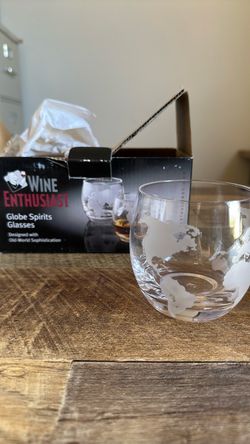 NEW in-box scotch glasses x2, world map etching