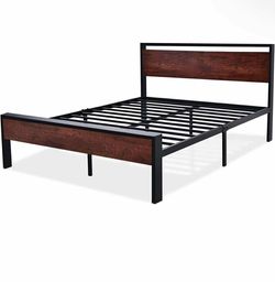 14 Inch Full Size Metal Platform Bed Frame with Wooden Headboard and Footboard, Mattress Foundation, No Box Spring Needed, Mahogany