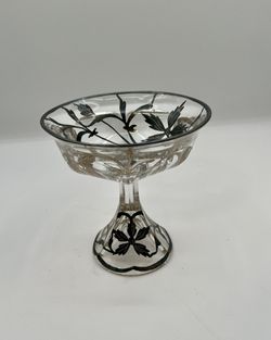Vintage Depression Glass Silver Overlay Pedestal Candy Dish 6 Inch Tall 