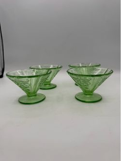 Set of 4 Federal Glass Madrid Green Uranium Depression Footed Sherbet Dessert Dish