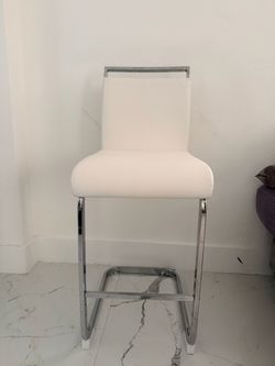 Set of 4 25” Bar Stools, White Faux Leather Kitchen Stools with Chrome Plated Metal Leg