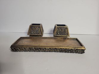 Vintage Style Gold Ornate 3 Piece Desk Organizer Pen Pencil Cups Tray Scrollwork