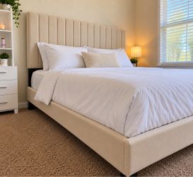 Full Size Upholstered Bed Frame – Cream/Beige