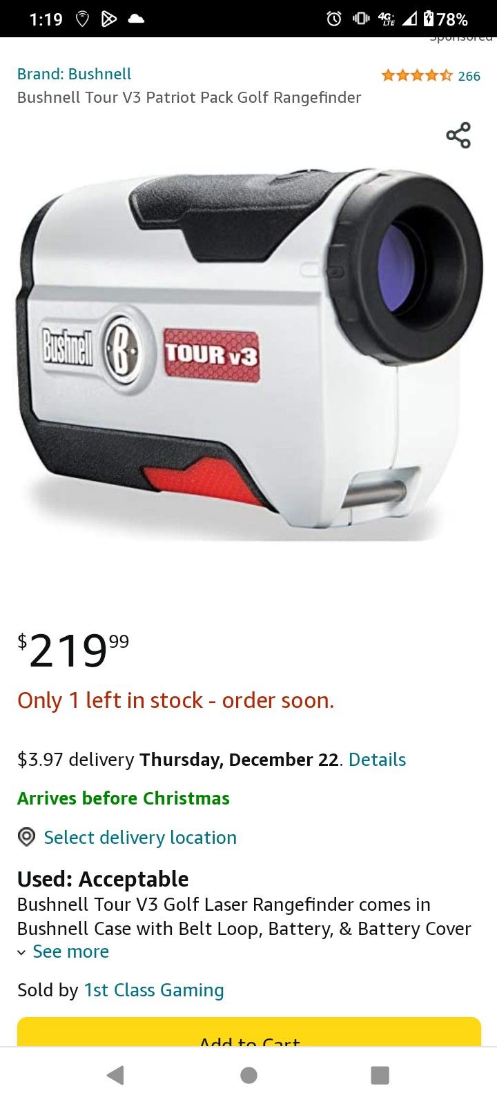 Bushnell Tour V3 Patriot Pack Golf Rangefinder for Sale in La Mesa, CA