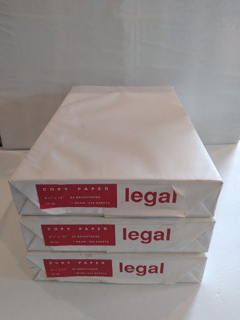 3 LEGAL 8.5'X14" LEGAL COPY PAPER 20 LBS, 84 BRIGHTNESS 1500 SHEETS